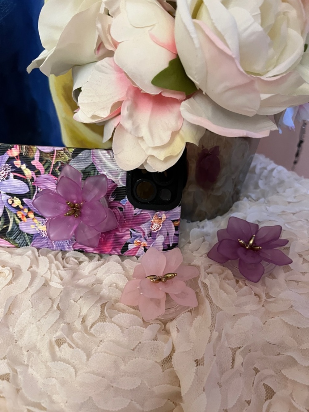 Floral Resin Phone Grip — Pink & Purple Blossom Pop Socket